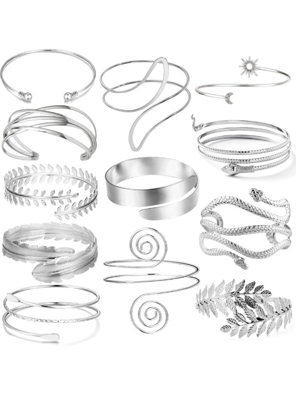 12 Pcs Boho Arm Cuff Bracelets Set for Women - Leather Feather Bangle Bands